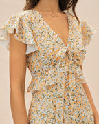 Floral Ruffle Midi Dress in Yellow with V-Neck