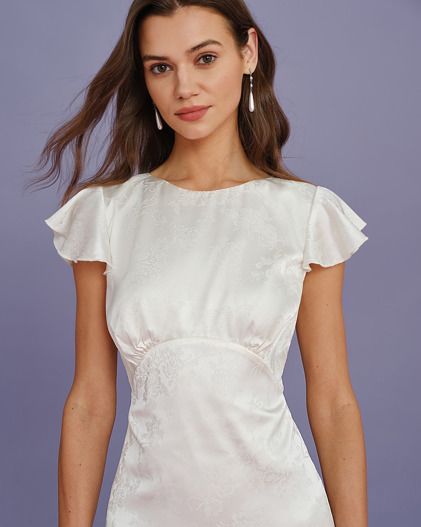Beige Jacquard Ruffle Midi Dress with Boat Neck