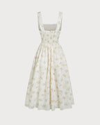Yellow Floral Gathered Midi Dress