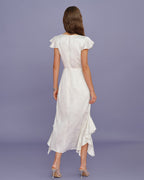 Beige Jacquard Ruffle Midi Dress with Boat Neck