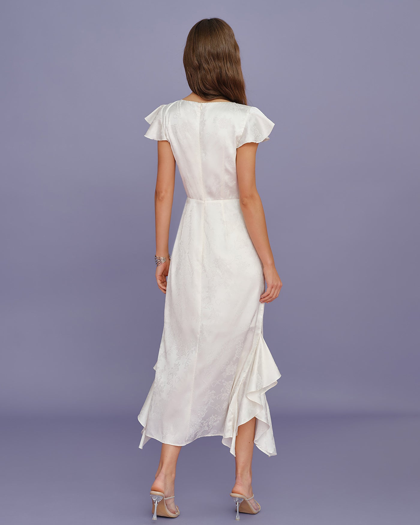 Beige Jacquard Ruffle Midi Dress with Boat Neck
