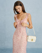 Pink V-Neck Ruffled Midi Dress with Tie Detail