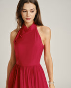 Red Midi Dress with Mandarin Collar and Pockets