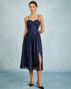Blue Jacquard A-Line Midi Slip Dress