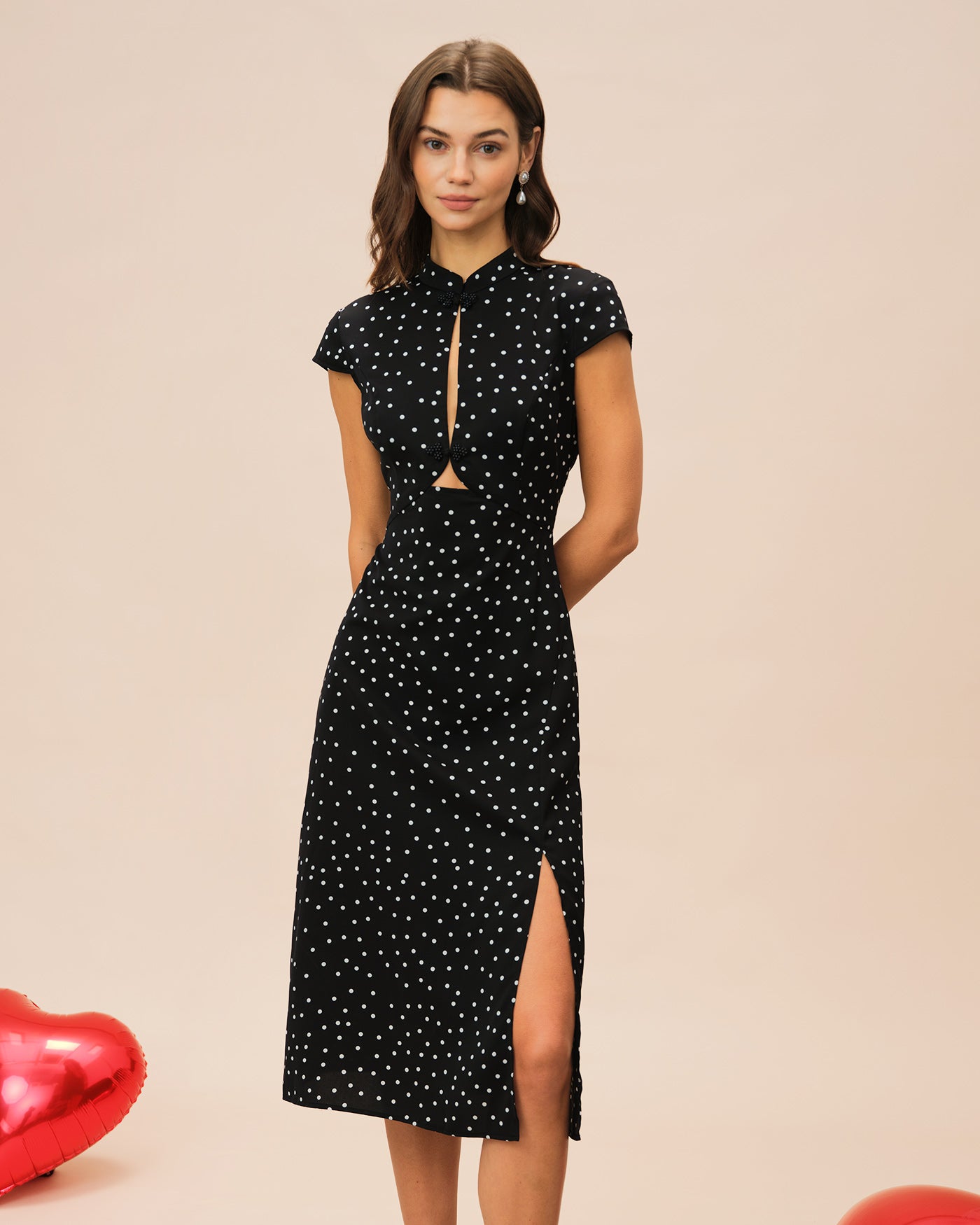 Polka Dot Midi Dress with Black Mandarin Collar