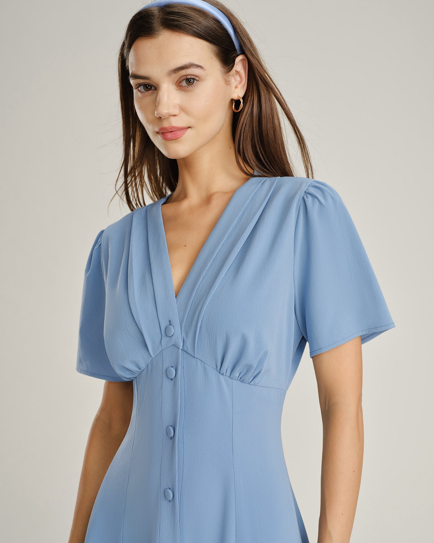 Ruched Blue Midi Dress with V-Neck and Button Details