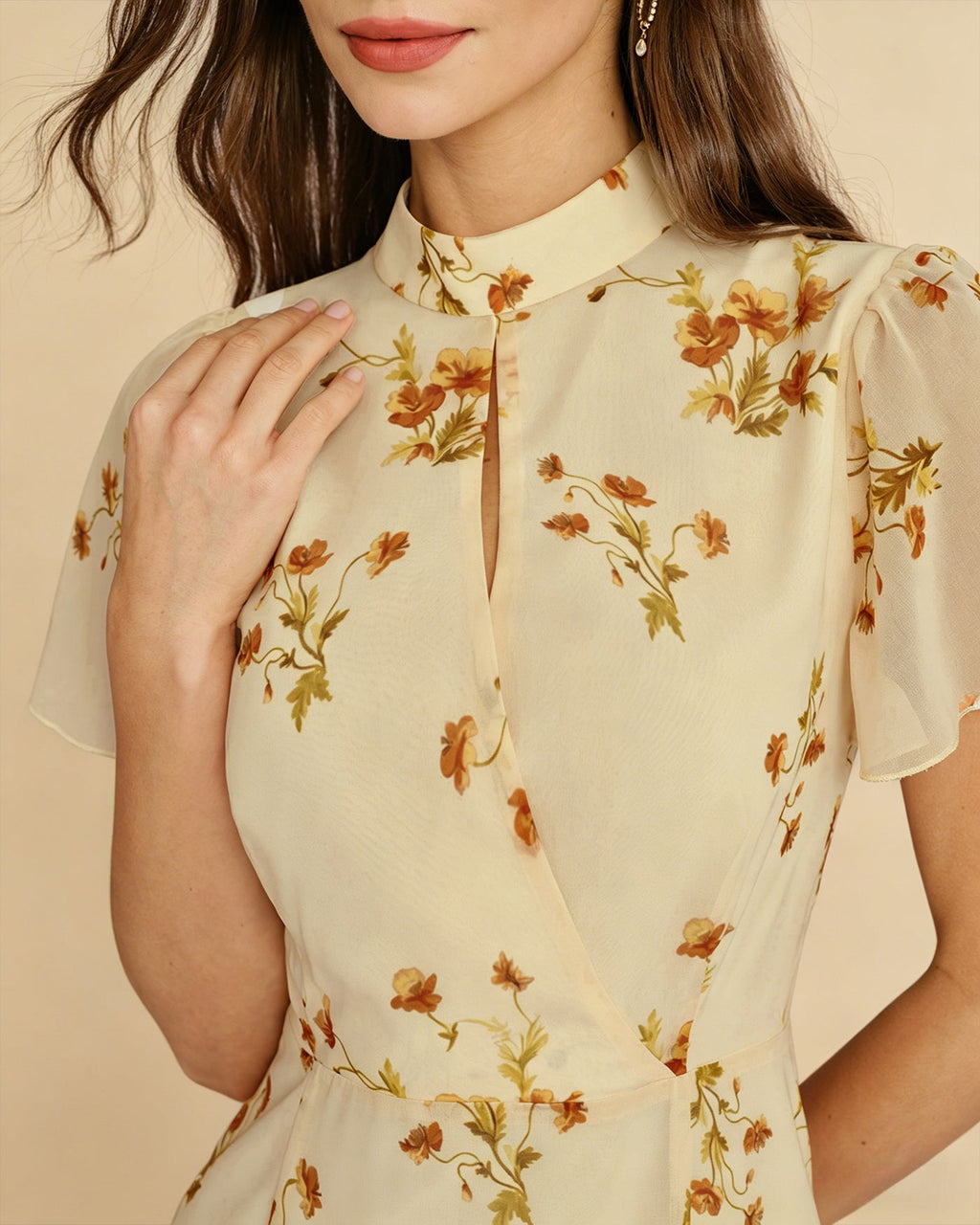 Floral Midi Dress with Yellow Turtle Butterfly Sleeves