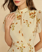 Floral Midi Dress with Yellow Turtle Butterfly Sleeves