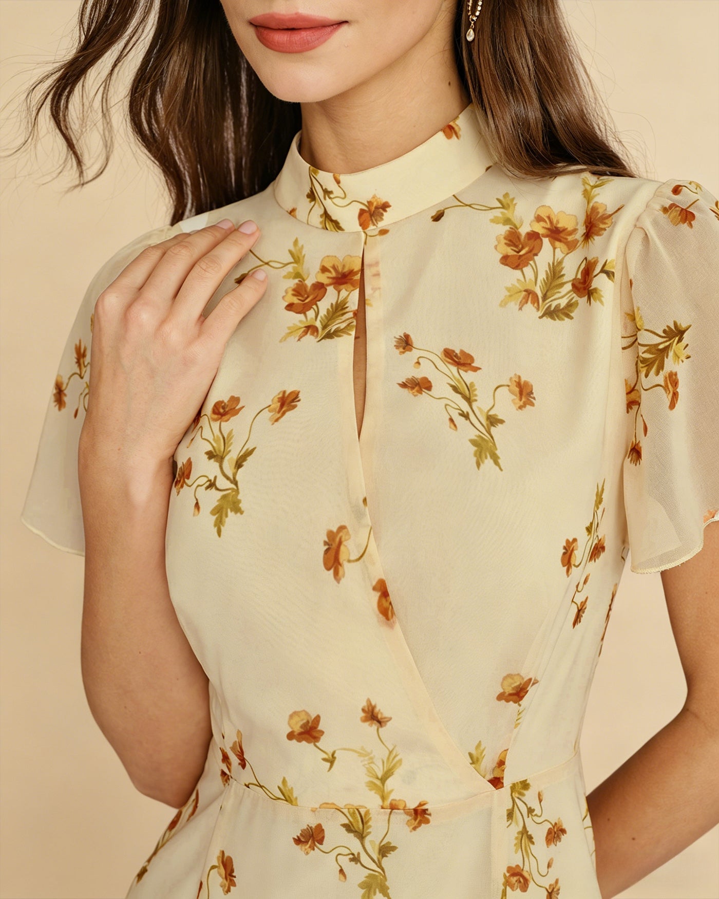 Floral Midi Dress with Yellow Turtle Butterfly Sleeves