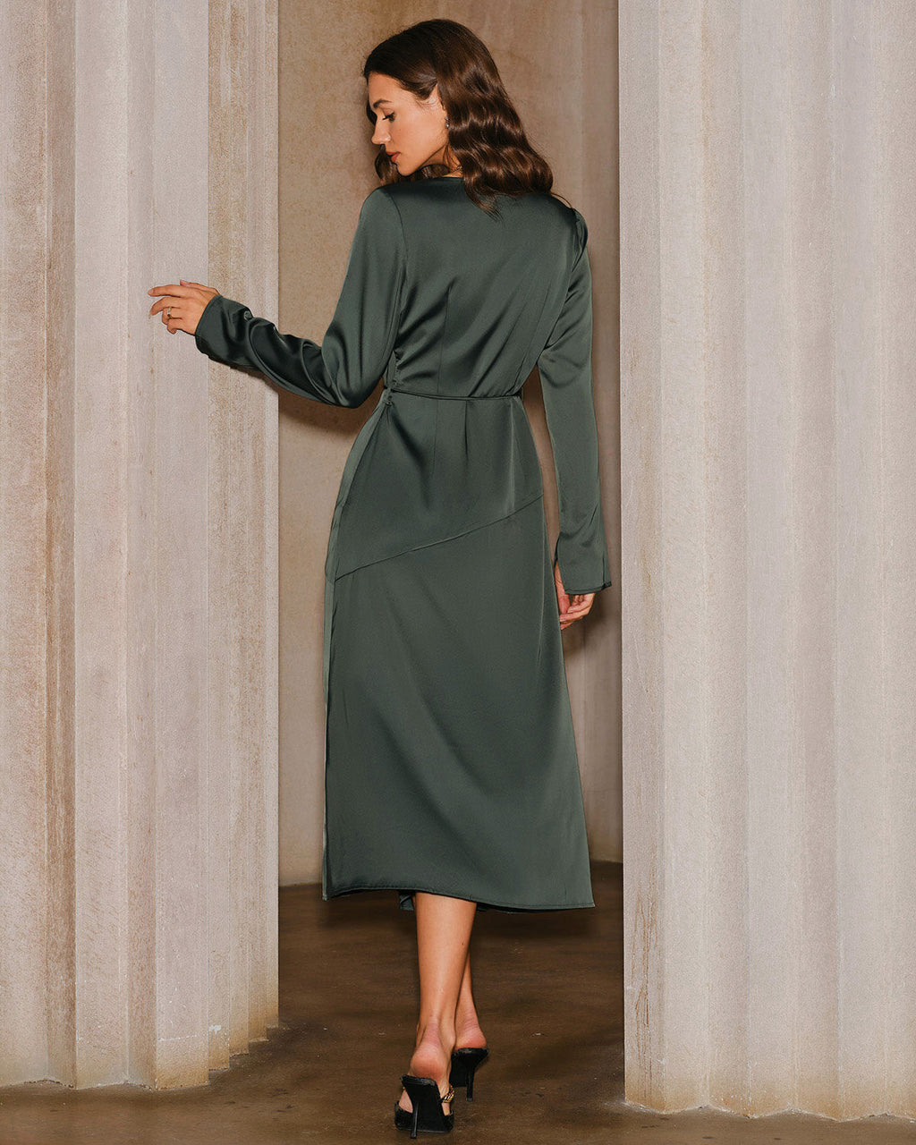 Emerald Satin Cowl Neck Midi Dress with Side Slit
