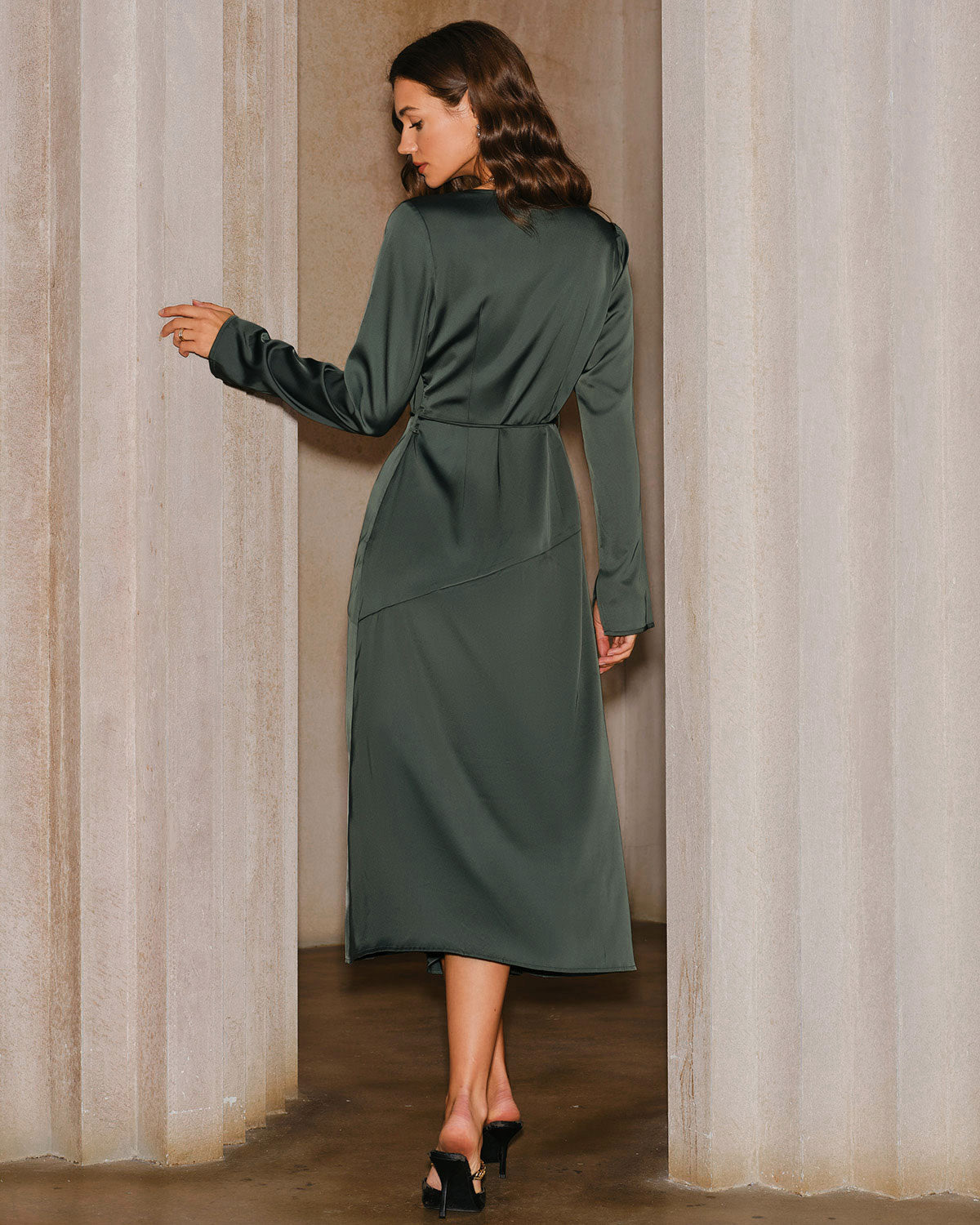 Emerald Satin Cowl Neck Midi Dress with Side Slit
