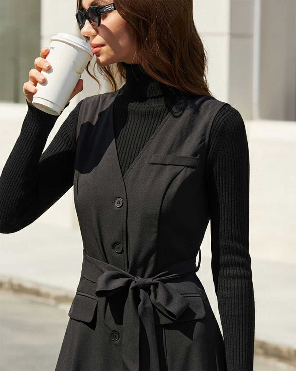 Black Sleeveless Midi Dress with V-Neck and Belt