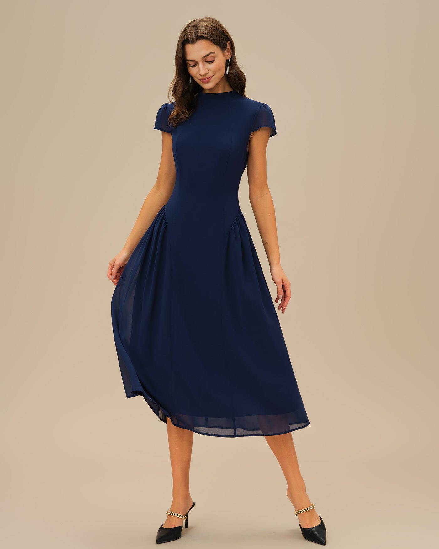 Blue Midi Dress with Puffed Sleeves