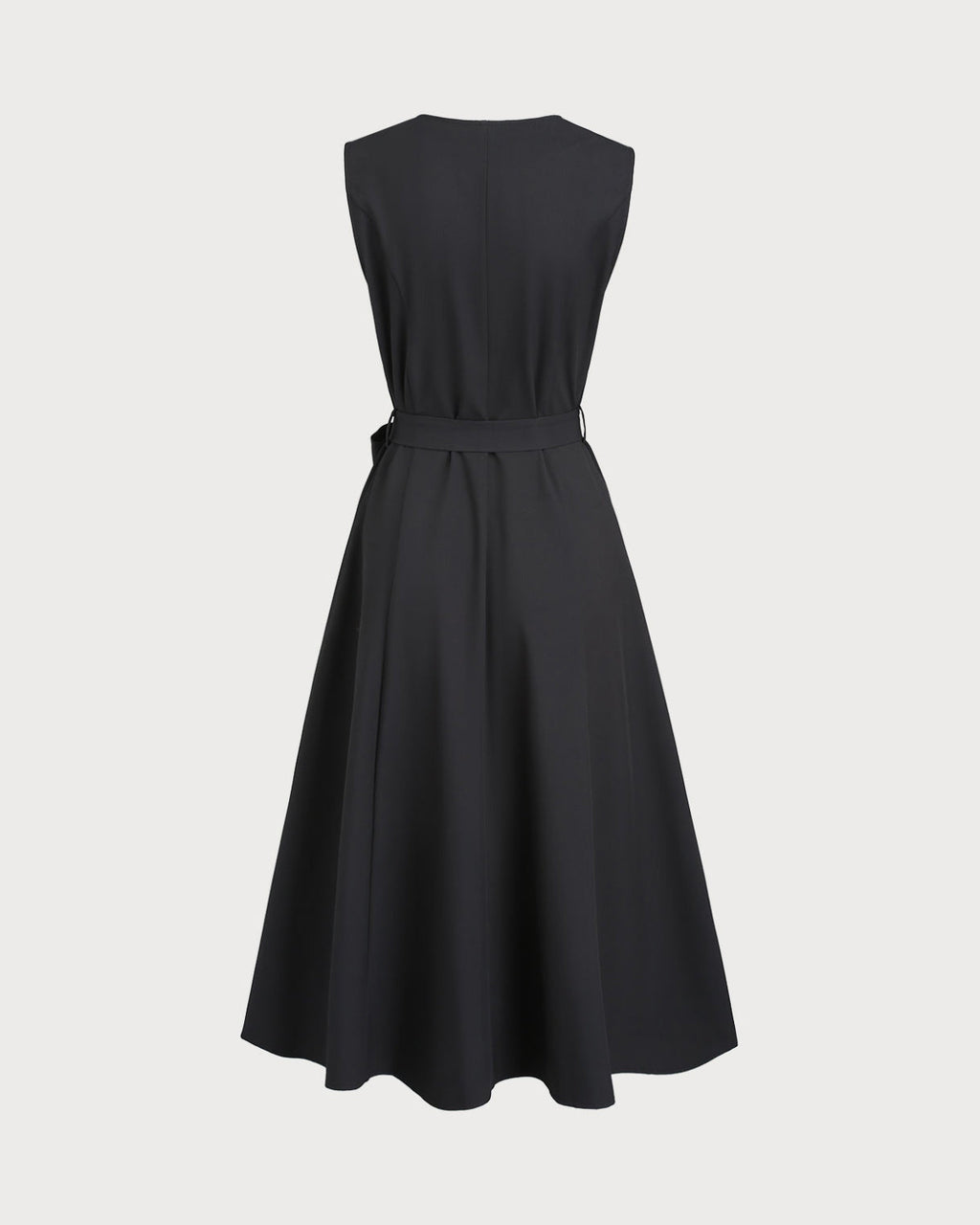 Black Sleeveless Midi Dress with V-Neck and Belt