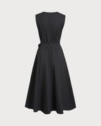 Black Sleeveless Midi Dress with V-Neck and Belt