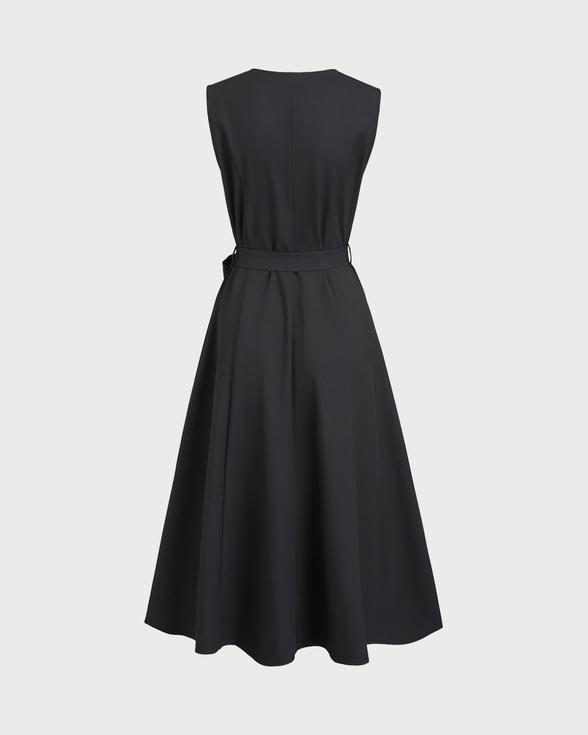 Black Sleeveless Midi Dress with V-Neck and Belt