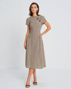 Brown Plaid Midi Dress with Round Neck