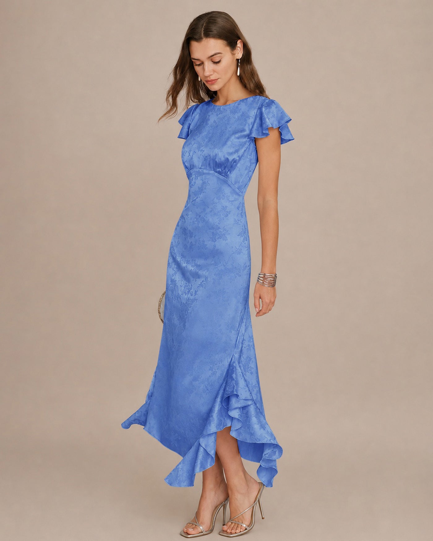 Blue Jacquard Ruffle Midi Dress with Boat Neck