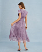 Purple Midi Dress with V-Neck and Lace Details