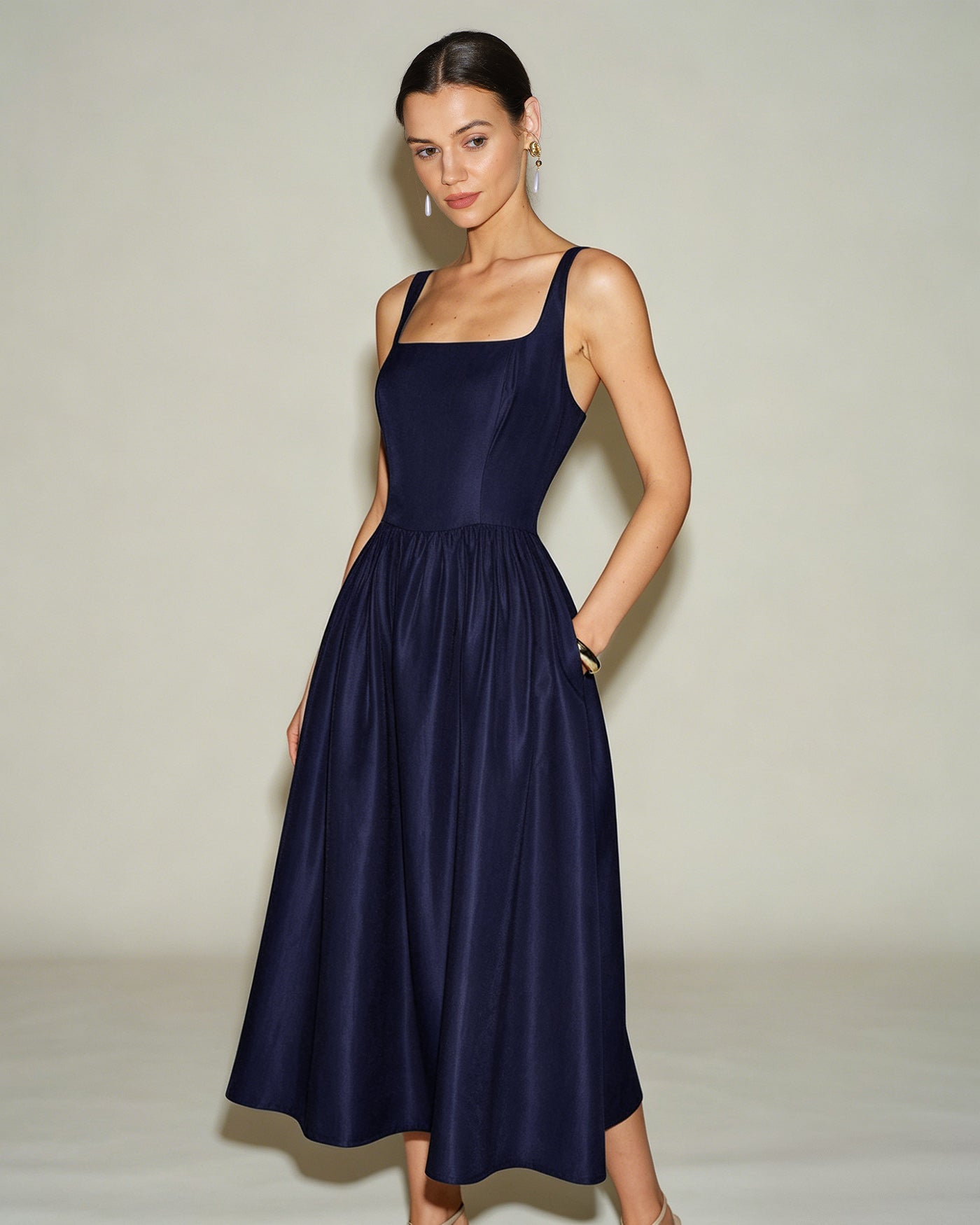 Blue A-Line Midi Dress with Slip Design