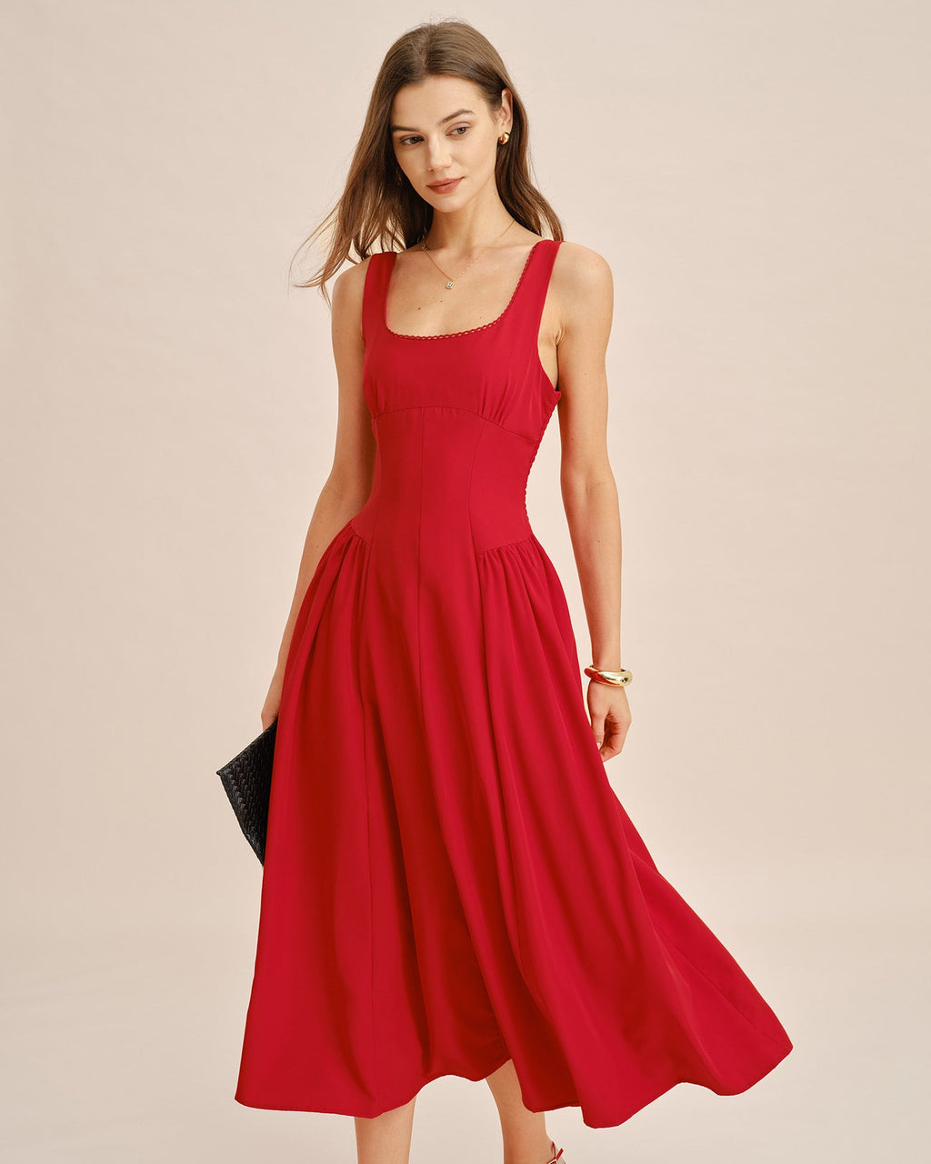Crimson Square Neck Sleeveless Midi Dress