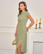 Chiffon Midi Dress with Green Mandarin Collar