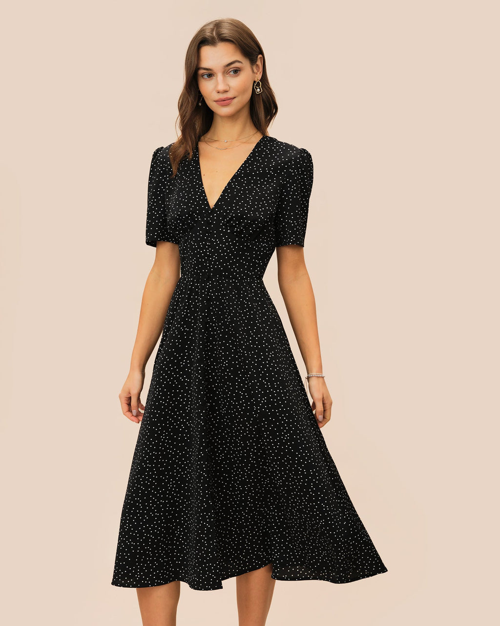 Polka Dot Midi Dress with Black V-Neck