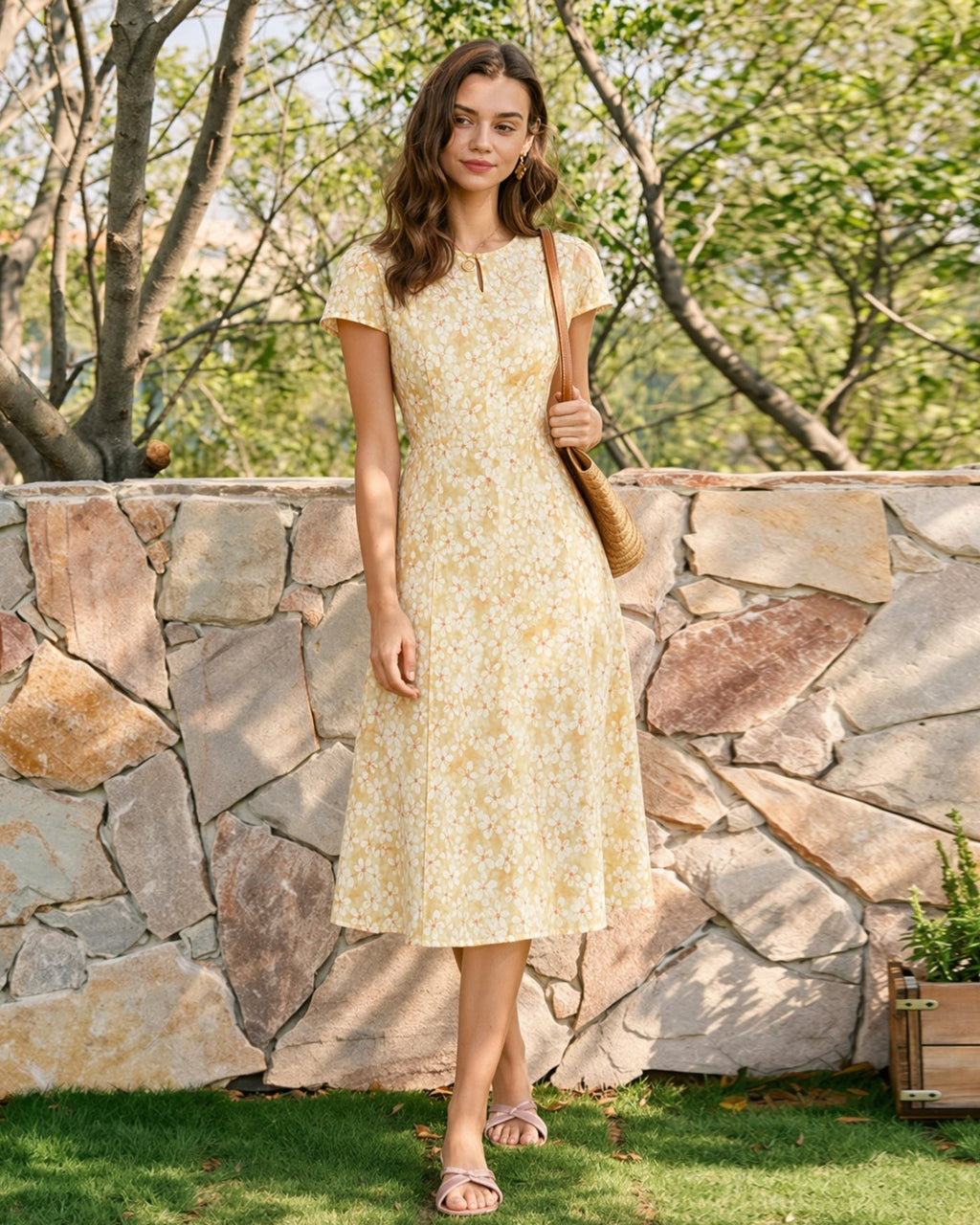 Floral Midi Dress with Yellow Cap Sleeves