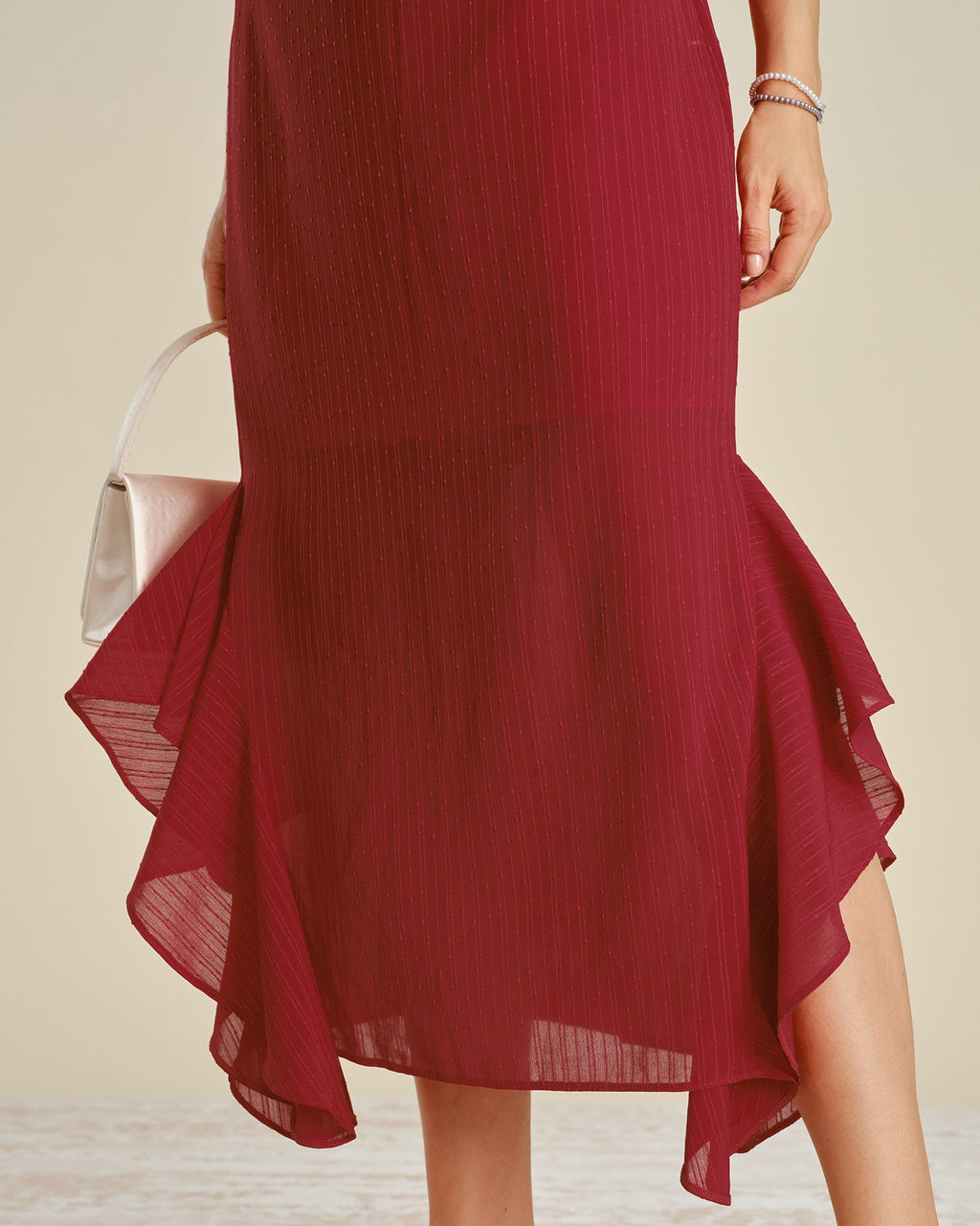 Red Ruffled Midi Dress with Boat Neck