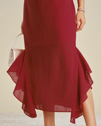 Red Ruffled Midi Dress with Boat Neck