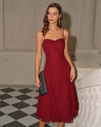 Crimson A-Line Corset Midi Dress