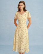 Floral Midi Dress with V-Neck in Yellow