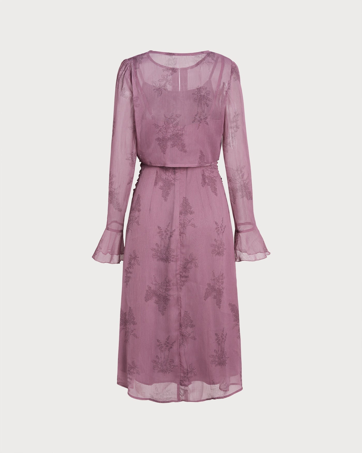 Ruched Midi Dress with Purple Floral Print
