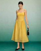 Yellow A-Line Midi Dress with Shirred Details
