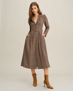 Brown Midi Dress with A-Line Pleats