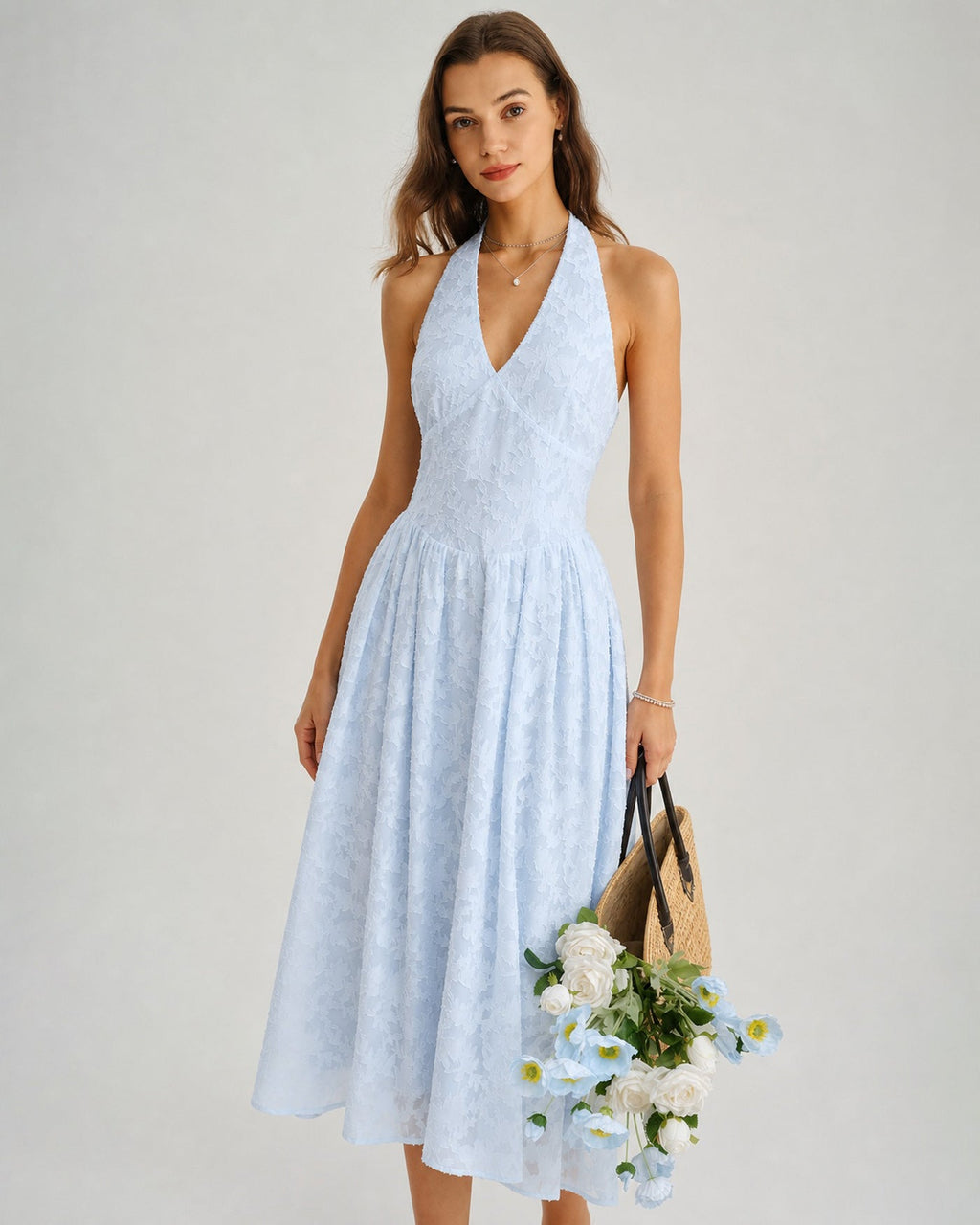 Jacquard Midi Dress with Blue Halter Tie