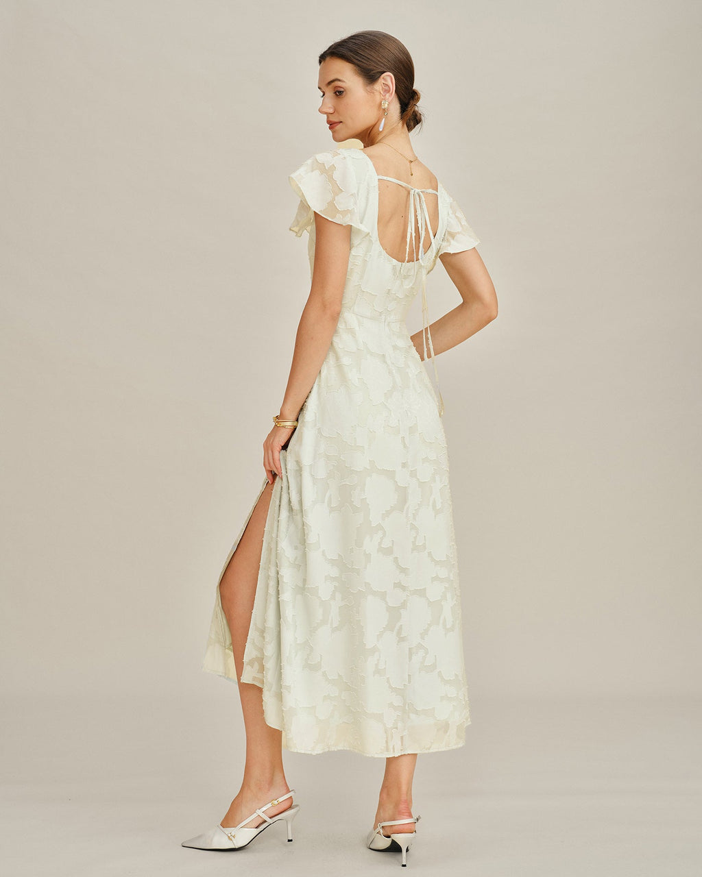 Beige Jacquard Midi Dress with Square Neckline
