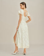 Beige Jacquard Midi Dress with Square Neckline