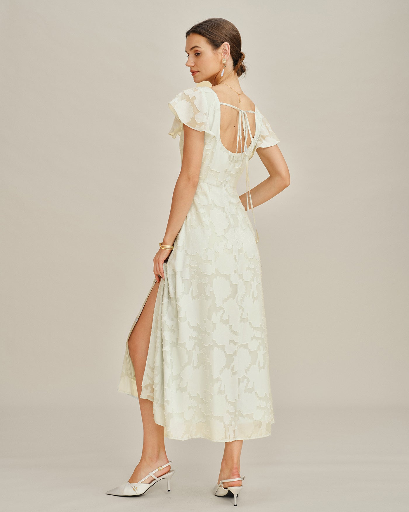 Beige Jacquard Midi Dress with Square Neckline
