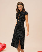 Polka Dot Midi Dress with Black Mandarin Collar
