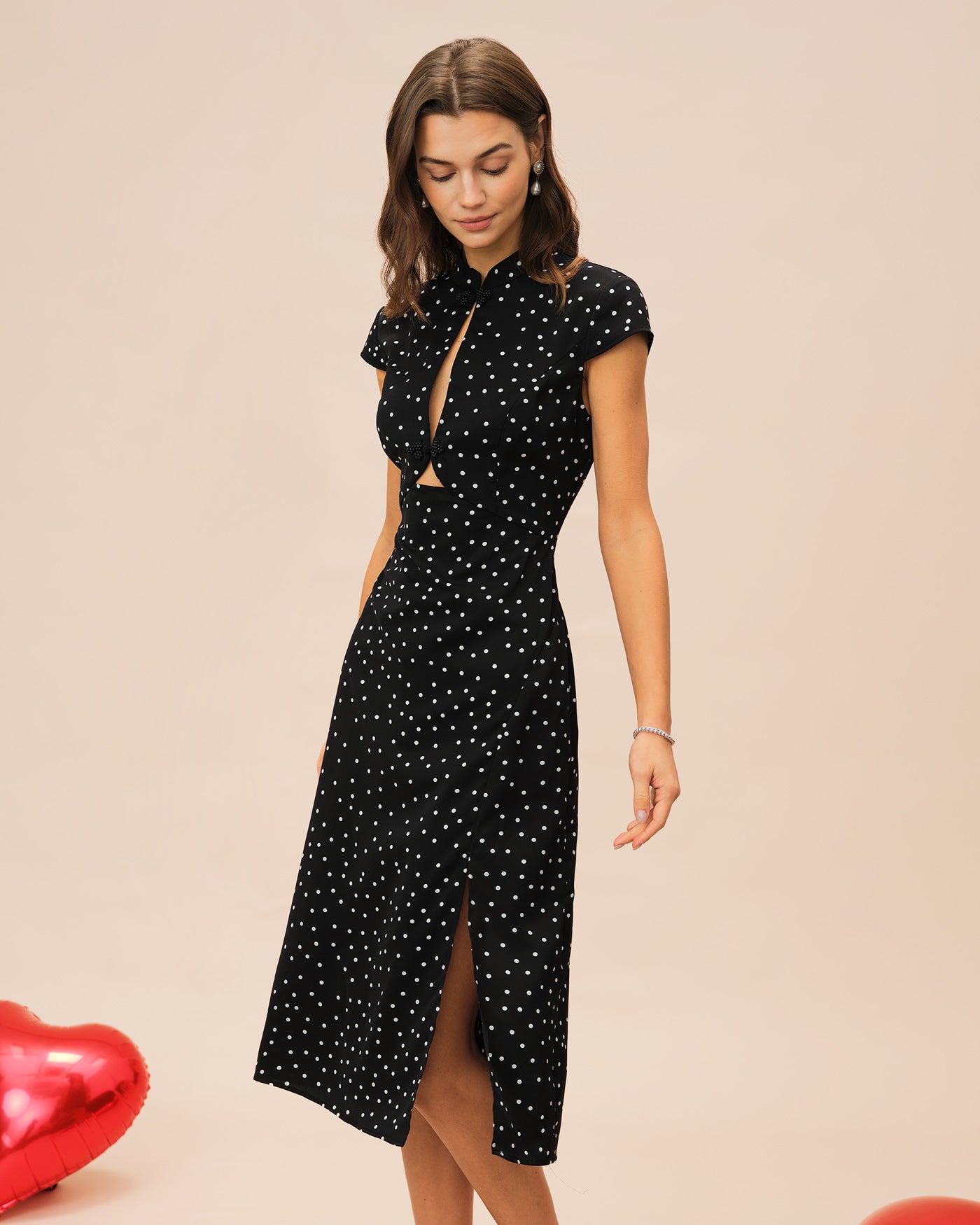 Polka Dot Midi Dress with Black Mandarin Collar