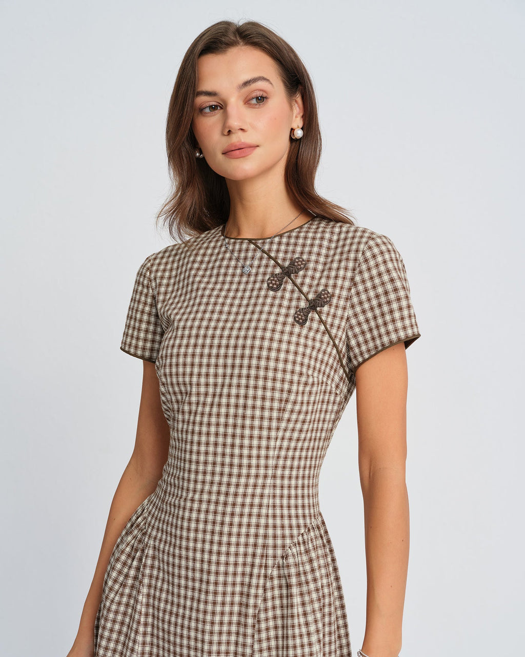 Brown Plaid Midi Dress with Round Neck