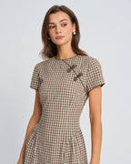 Brown Plaid Midi Dress with Round Neck