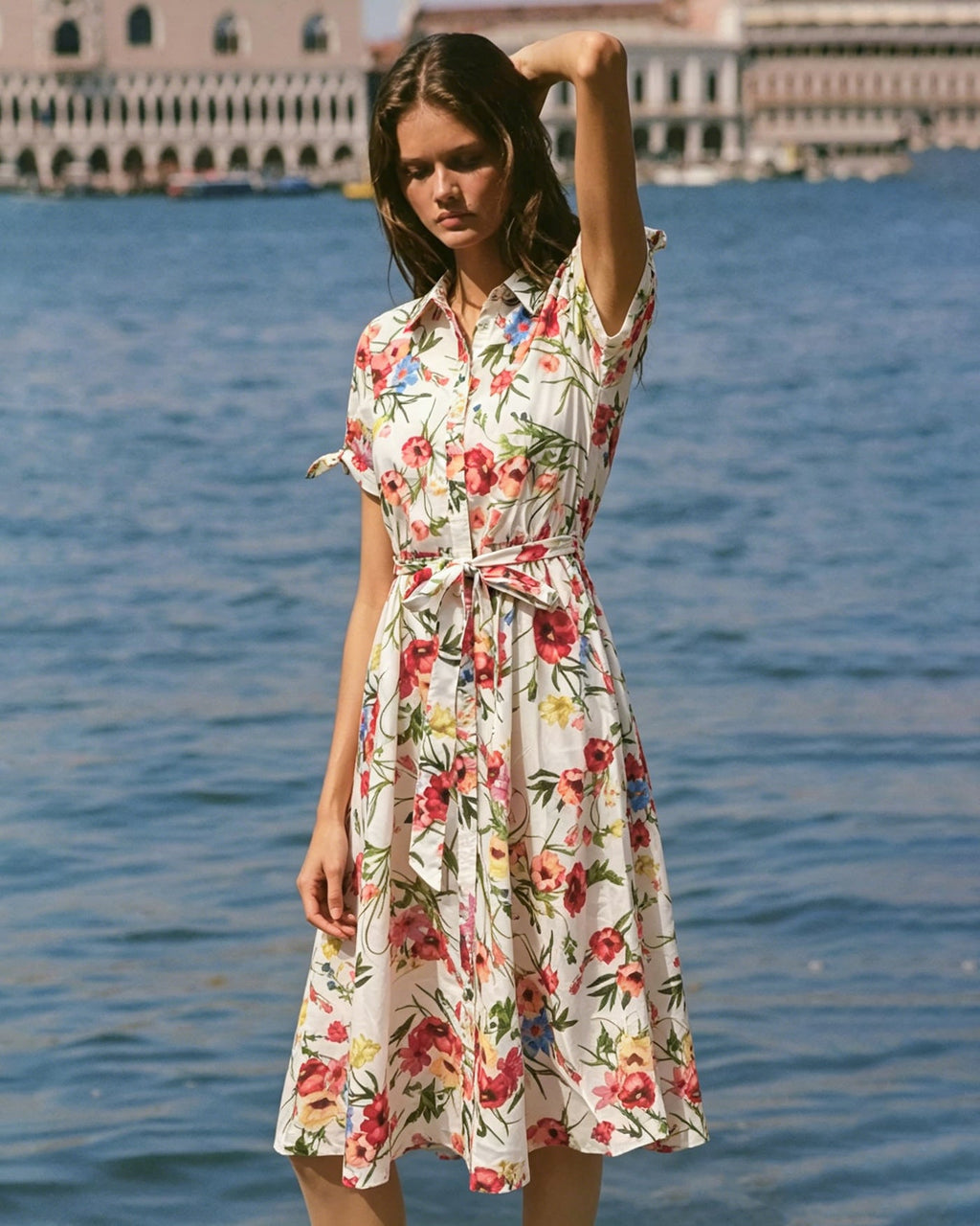 Floral Print Midi Dress with Collar Tie