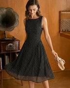 Chiffon Midi Dress with Black Polka Dots