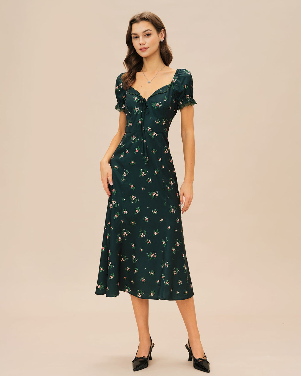 Floral Midi Dress with Green Puffed Sleeves
