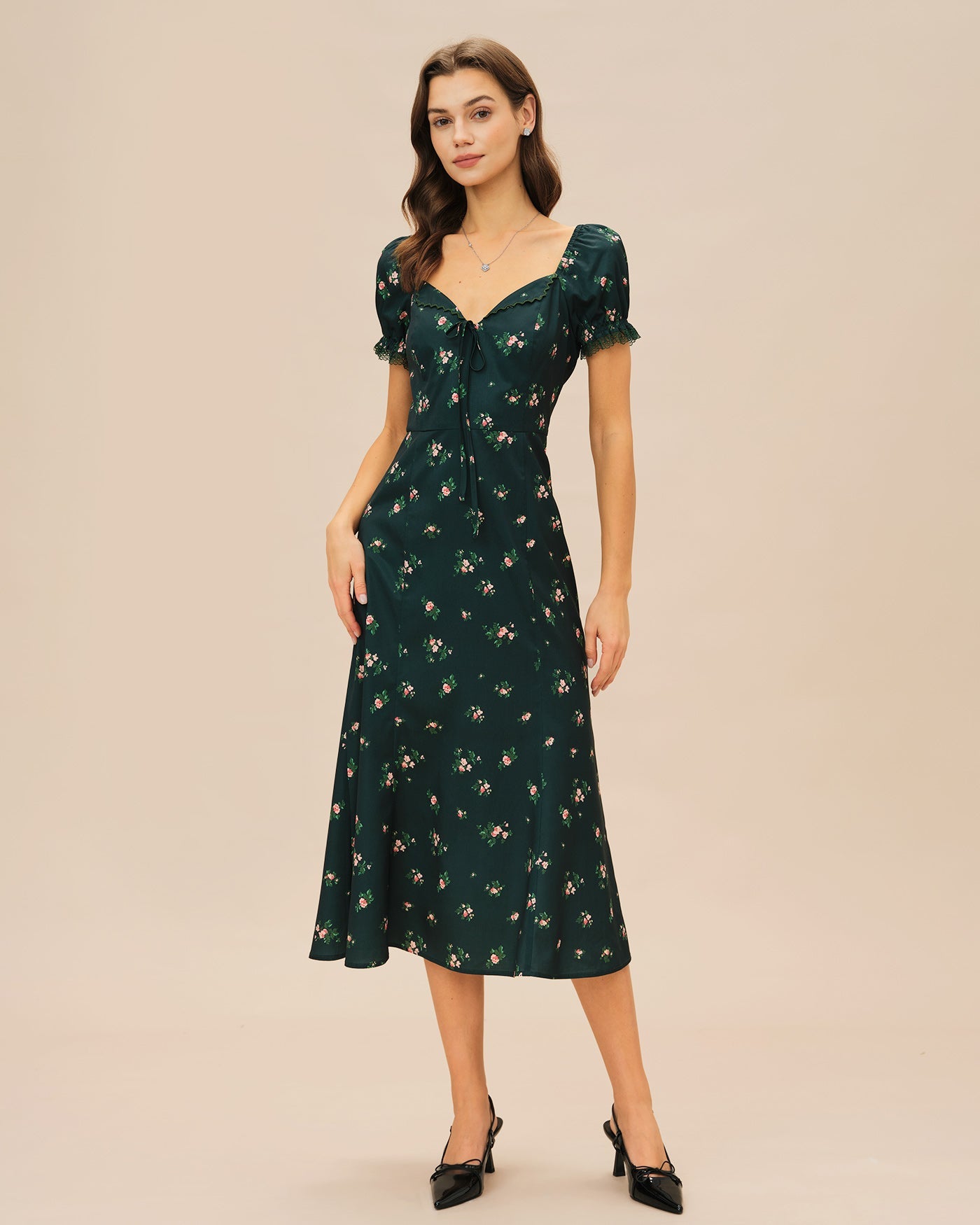Floral Midi Dress with Green Puffed Sleeves