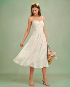 Floral Midi Dress with Sweetheart Neckline in Yellow