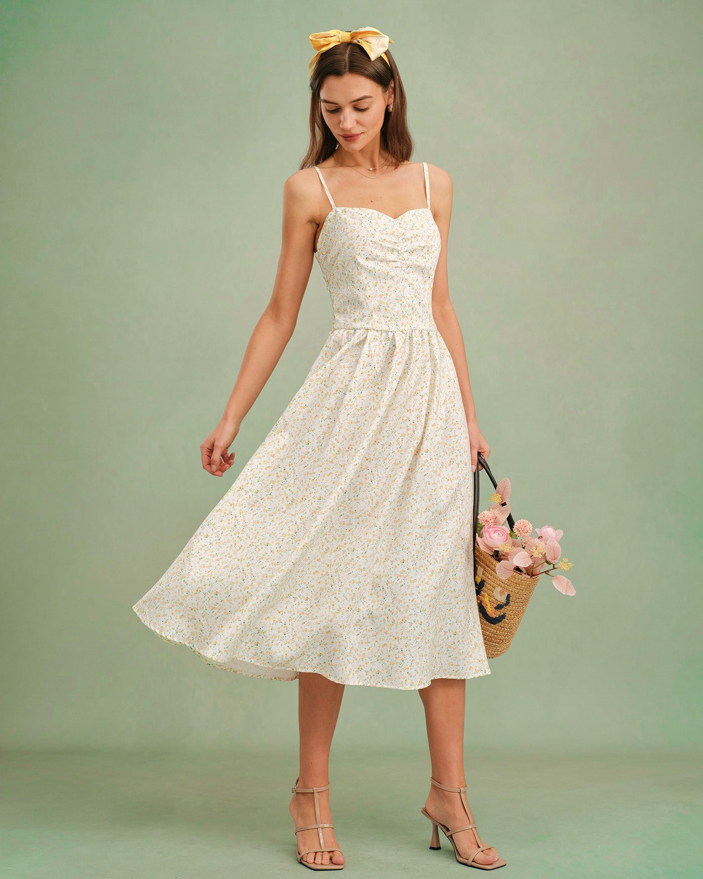 Floral Midi Dress with Sweetheart Neckline in Yellow