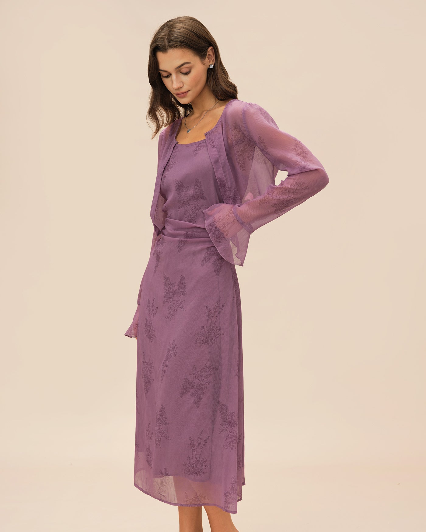 Ruched Midi Dress with Purple Floral Print